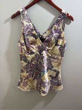 Y2K Fairycore Satin Cami Top Empire Waist Cream Purple Teal Paisley Vintage S